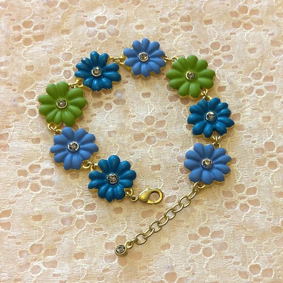 Vintage NEW Blue Green Art Deco Multi Floral Charms Silver Bangle Bracelet - Picture 3 of 7